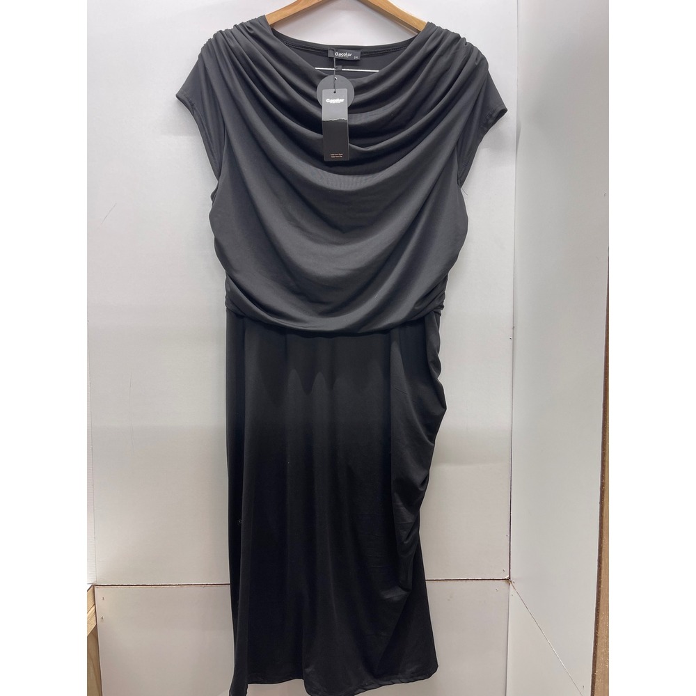 Clocolor Womens Black Ruched Cowl Neck Draped Bodycon Cocktail Dress 2XL NEW